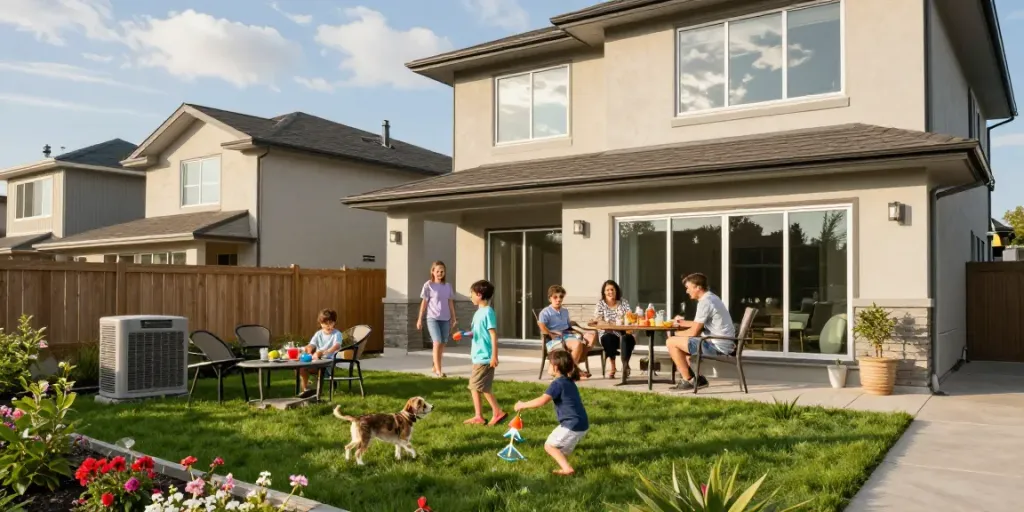 Air Conditioner Install Calgary - Family enjoying cool breeze in backyard with new AC unit.