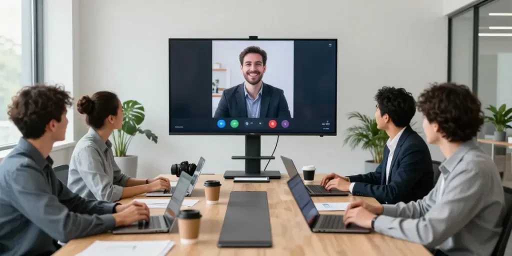 Deepfake free meetings with diverse professionals collaborating in a modern office.