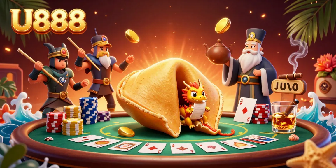 Engage with U888's vibrant casino action in a dynamic 3D illustration featuring a golden cookie, poker chips, and game elements.