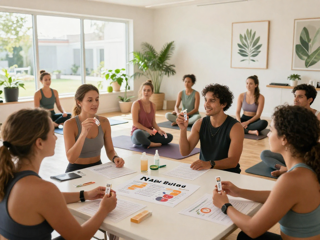 NAD+ benefits workshop with diverse participants discussing Restore Blend Peptide Buccal Strips in a bright wellness studio.