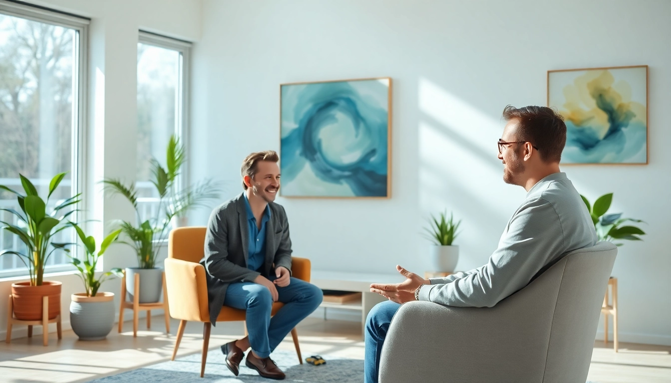 Supportive therapist engaging in Mental Health Care session with a young client in a serene setting.
