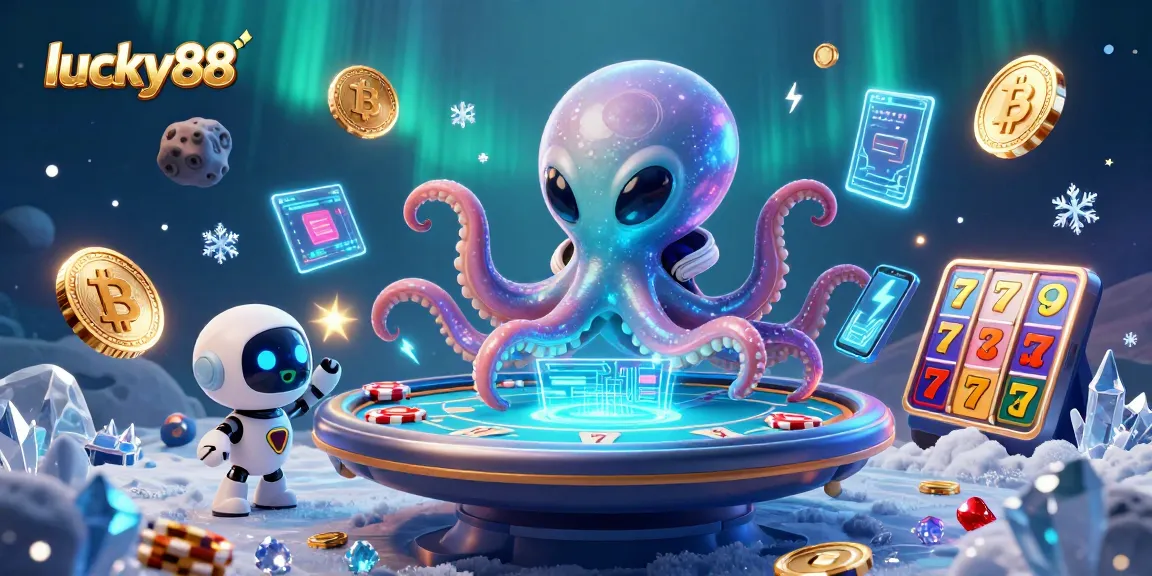 Engage in fun with lucky88 through a 3D casino illustration showcasing an alien octopus and robot.