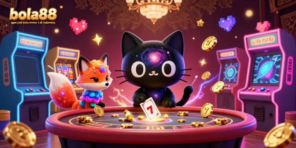 Bola88 agen judi bola nomor 1 di indonesia showcases an engaging cosmic casino scene with a black hole cat, cashing in chips.