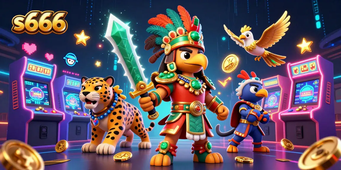 s666 unleashes thrilling excitement in a vibrant 3D gaming scene with Aztec warriors, dazzling games, and neon effects.