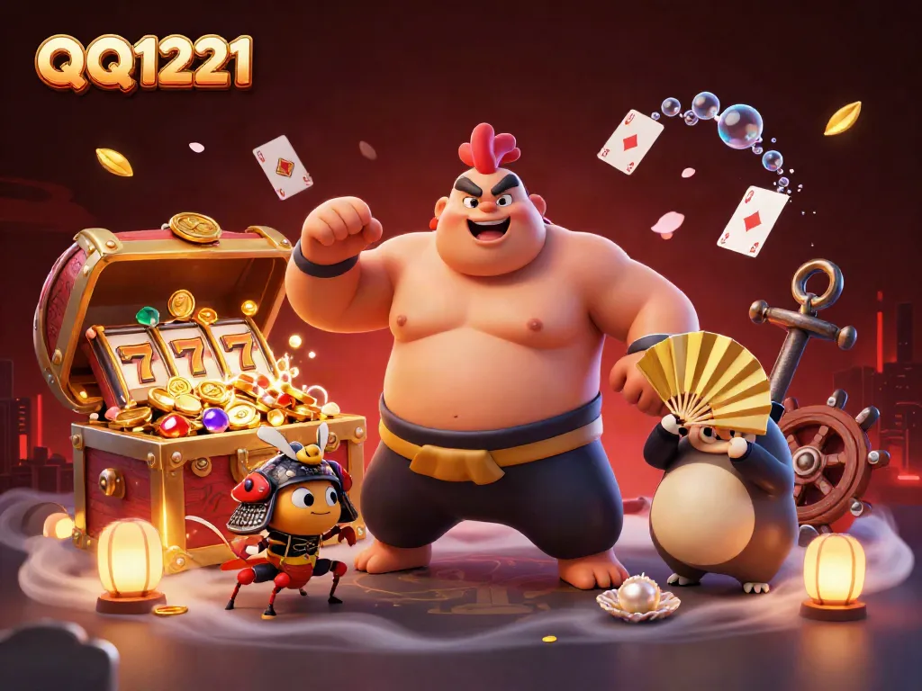 Engage with QQ1221's vibrant world of slots featuring a dynamic sumo rooster and samurai cricket.