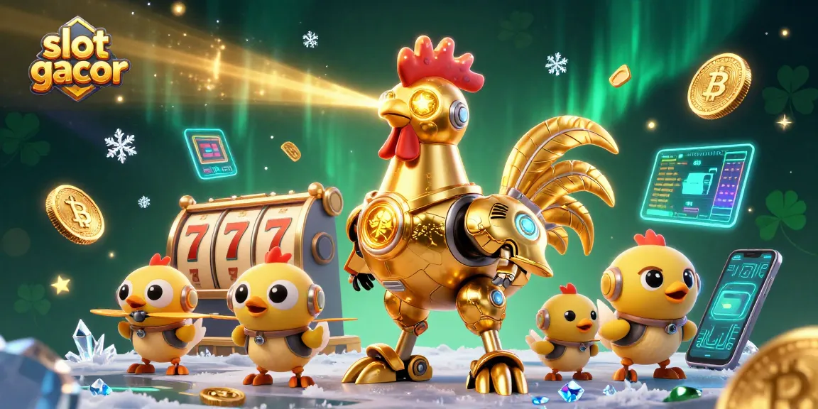 Experience slot gacor with a captivating illustration of a robot and drones surrounded by jackpot elements.