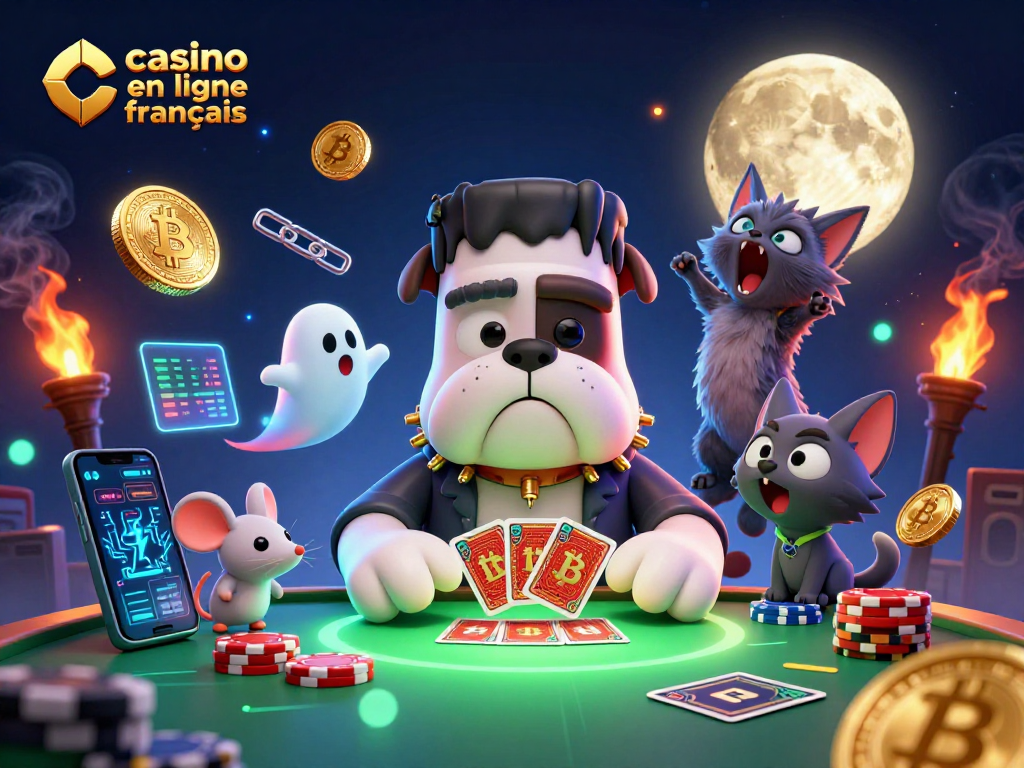 Jouer au casino en ligne français avec des personnages animés au milieu de pièces de crypto et d'éléments de jeu captivants.