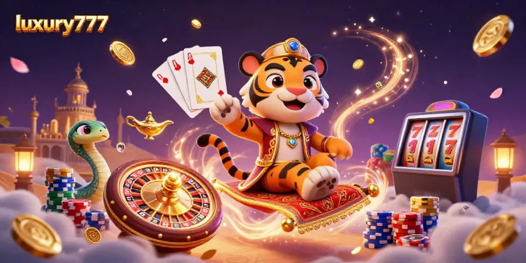 Experience thrilling wins with luxury777 in this vibrant casino scene featuring a 3D cartoon tiger sultan and magical elements.