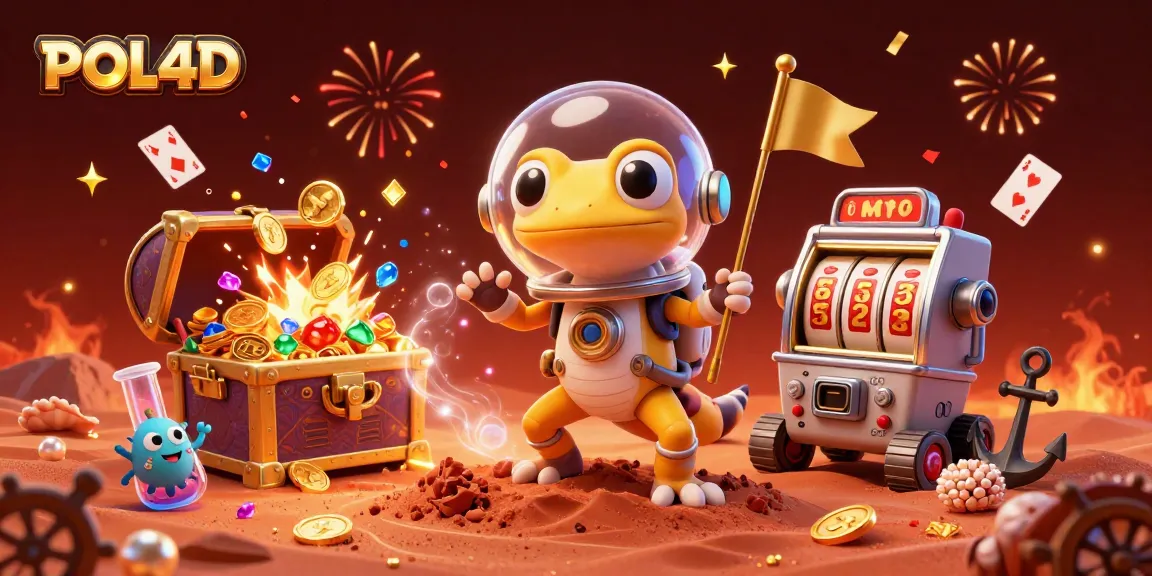 POL4D menghadirkan kasino emas di Mars dengan gecko alien dan robot merayakan kemenangan besar.