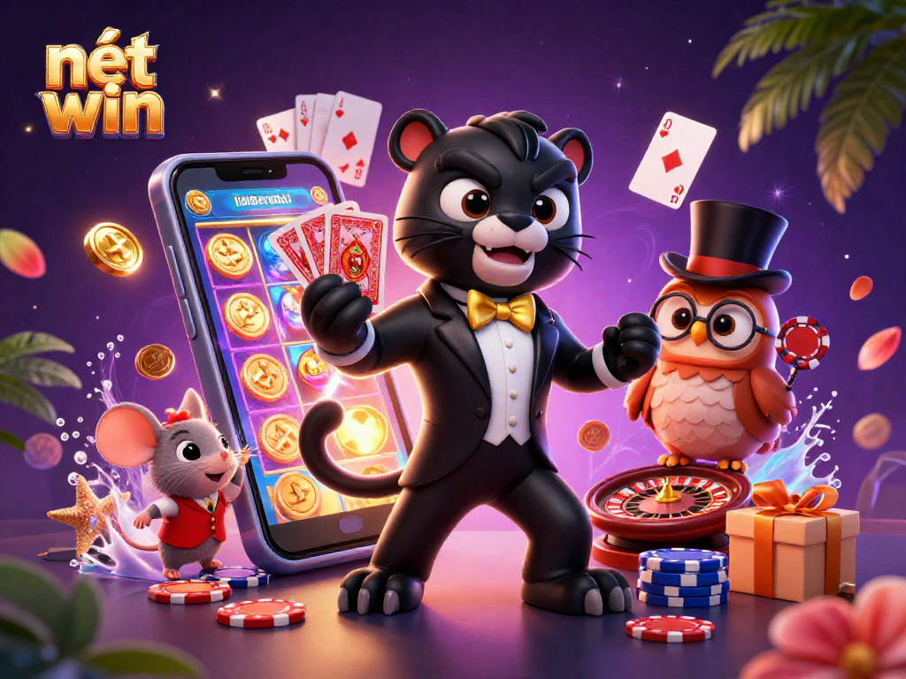 Engaging scene of the stylish 3D cartoon black panther dealing cards, promoting nét win online gaming experience amidst vibrant casino elements.