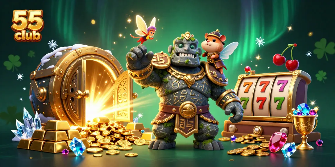 The 55 club scene with a magical guardian, coins, and vibrant casino-themed elements, evoking excitement and adventure.