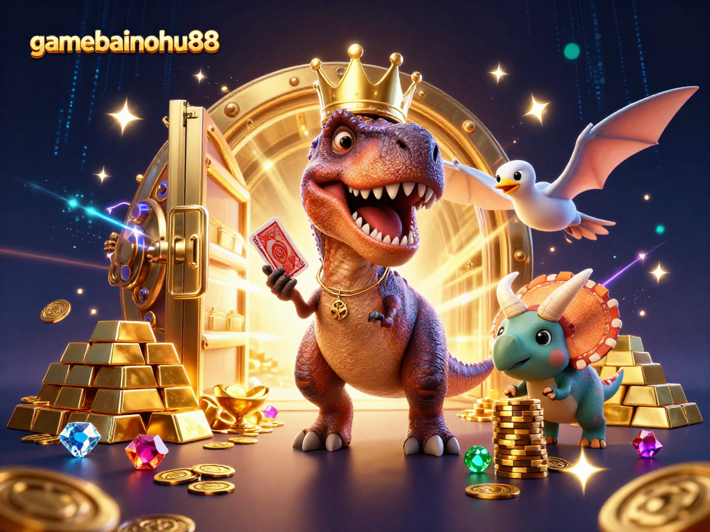Experience thrilling gameplay in gamebainohu88 with T-Rex card shuffling amidst treasure vault excitement.