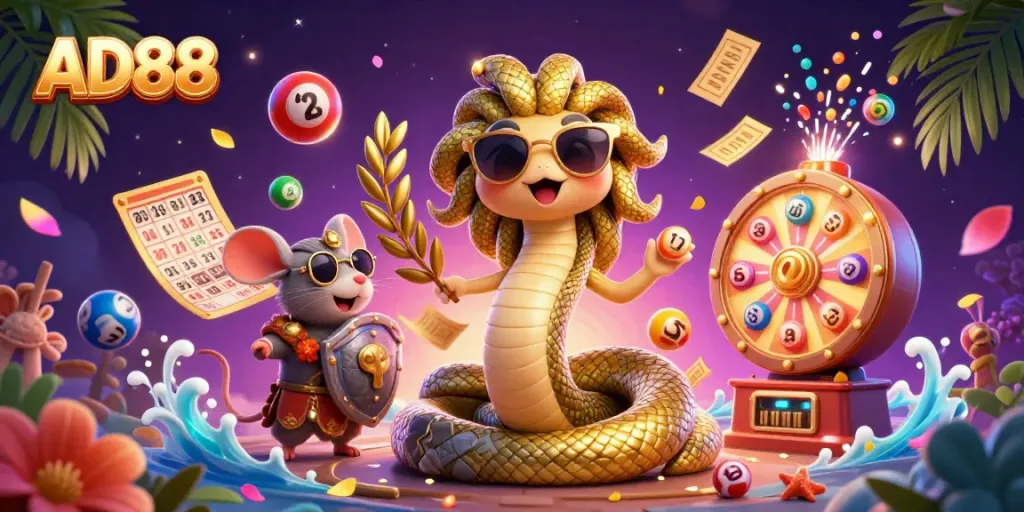 Engage in vibrant gaming with AD88, where colorful lottery balls and prizes fill a festive scene.