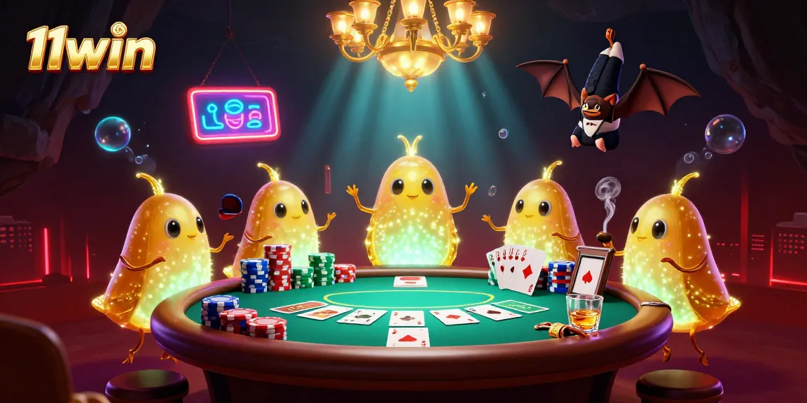 Experience the vibrant casino atmosphere at 11win with a whimsical scene featuring glowworms and poker elements.