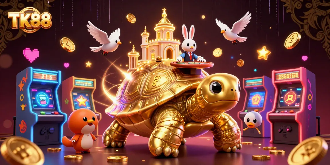 Engage with TK88's vibrant gaming scene featuring a golden tortoise casino, a rabbit dealer, and flying coins.