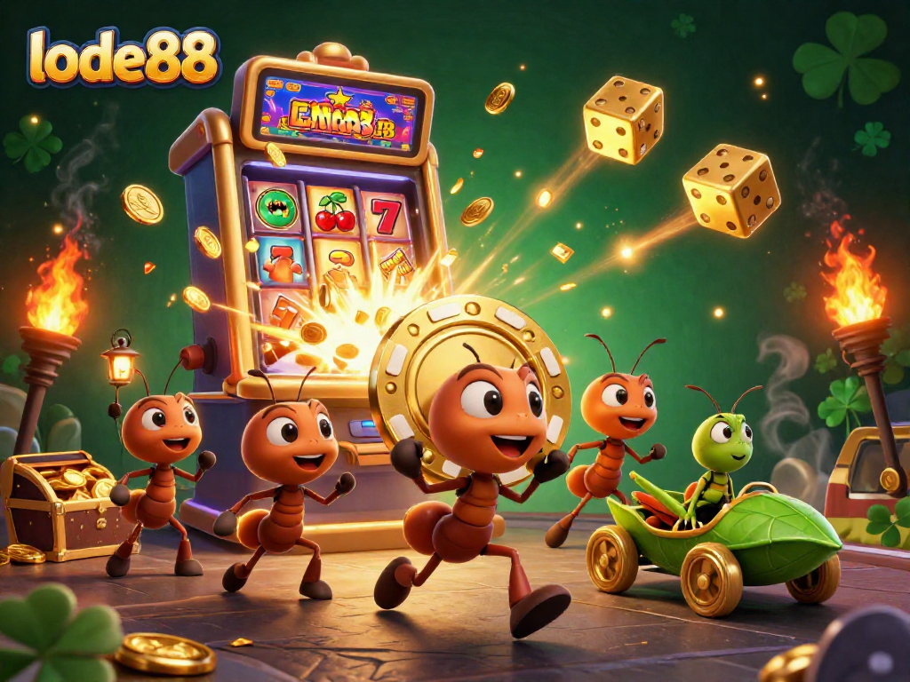 Join the lode88 adventure as ants steal a giant poker chip in a vibrant casino heist scene.