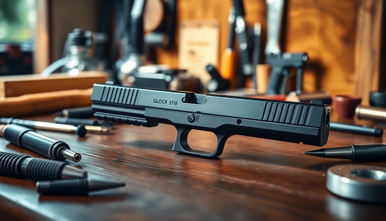 Showcase of Glock 48 complete slide with detailed craftsmanship and gunsmithing tools.